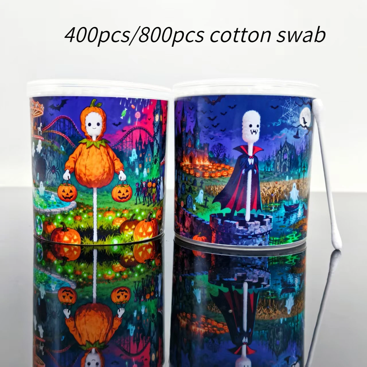 400개/800개 할로윈 호박 뱀파이어 패턴 면봉, 흰색 이중 라운드 헤드 휴일 선물 면봉