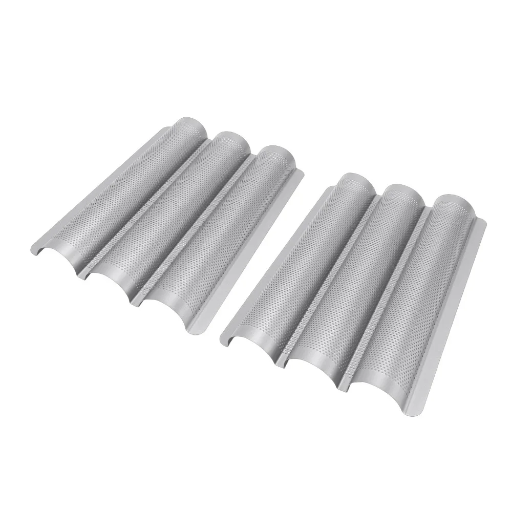 2PCS Carbon Steel Baguette Baking Pan Three Channel Nonstick French Bread Pan Rounded Corner Perforated Baguette Mold
