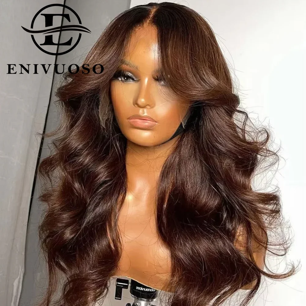 30 Inch Chocolate Brown 13X4 Transparent Lace Front Wig Body Wave Brown Colored Synthetic Lace Wigs For Women Party Cosplay Wigs