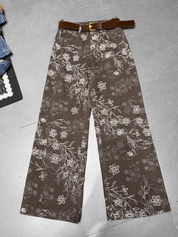 

Spring 2026 High Waist Straight Leg Denim Pants Women's Loose Slim Wide Leg Long Trousers Printed Design Comfortable Commute