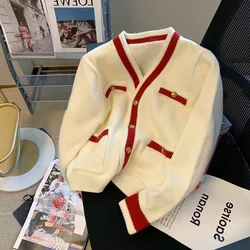 Cappotto maglione da donna con scollo a v bottoni dorati autunno inverno nuovo Cardigan lavorato a maglia a maniche lunghe rosso bianco contrasto colore maglieria top