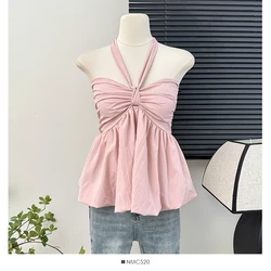 Retro Ruffle halter lace-up off shoulder tank top Sexy Shirt Women camis pleated summer korean fashion Fashion Crop Top