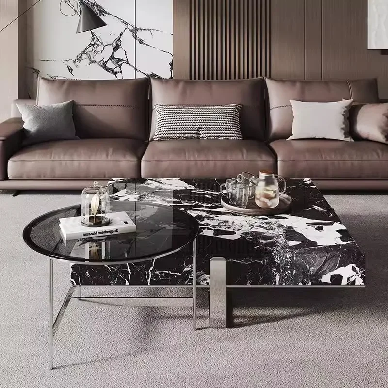 Italian Minimalist Square Coffee Table, Black White Stone Top, Heat-Resistant & Easy Clean, Sturdy Compact Designer Set