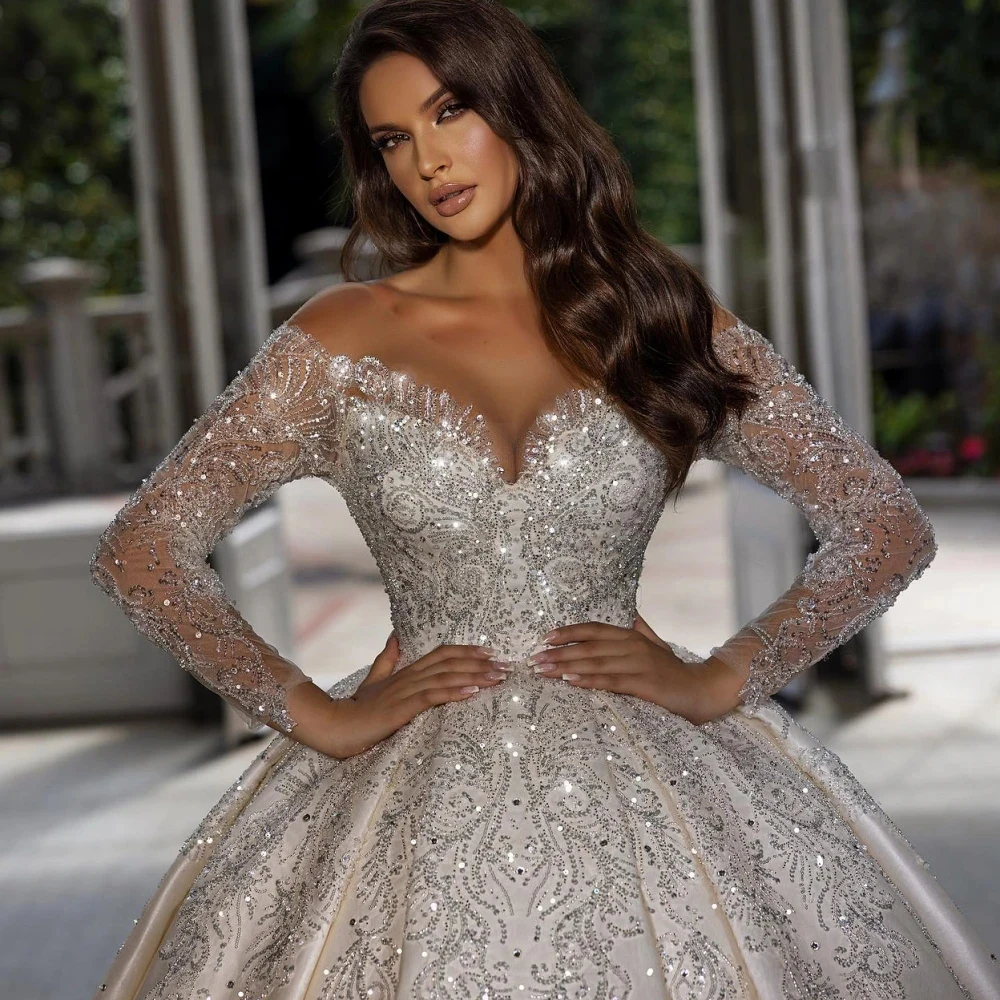 

Luxury Satin Ball Gown Wedding Dress Elegant Tulle O Neck Long Sleeve Bridal Gown Customized Sequins Beaded Princess Bride Dress