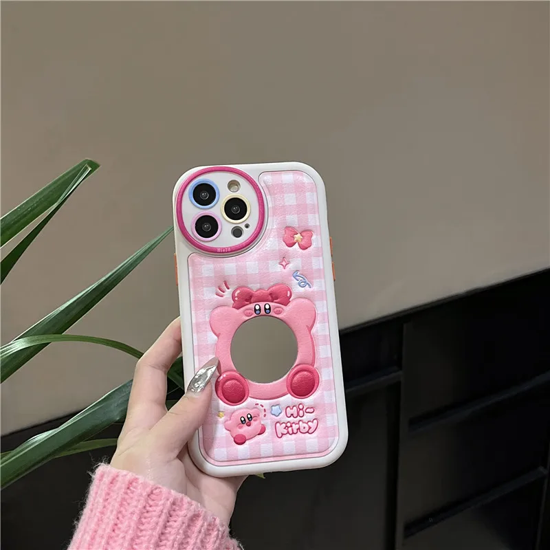 Pink Cute Cartoon K-Kirby Emboss Mirror Phone Case For iPhone 15 14 13 12 11 Pro Max 15Plus Japan Soft Leather Cover