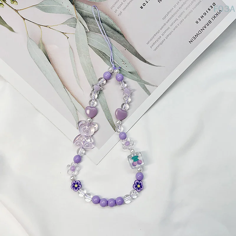 Cute Bear Bow Mobile Phone Rope Keychain Lanyard  Phone Beaded Chain Bracelet Anti-Fall Acrylic Color Chain Crystal Cute