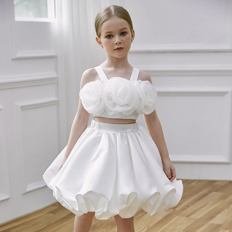 

Dance Performance Girls Party Dresses Flower Top And Skirt Two Pieces Sets For Children Birthday Costume Summer Princess Dress