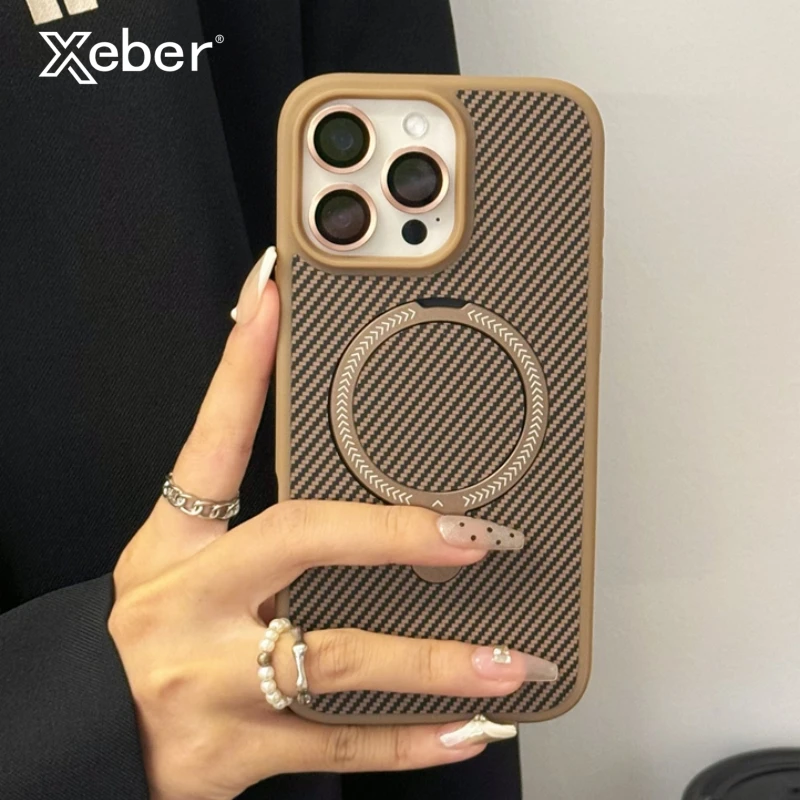 Magnetische Kohlefaser-Muster-Telefonhülle für iPhone 17, 16, 15, 14, 13, 12, 11, Pro Max Air Plus, Aluminiumlegierung, Ständer, stoßfeste Abdeckung