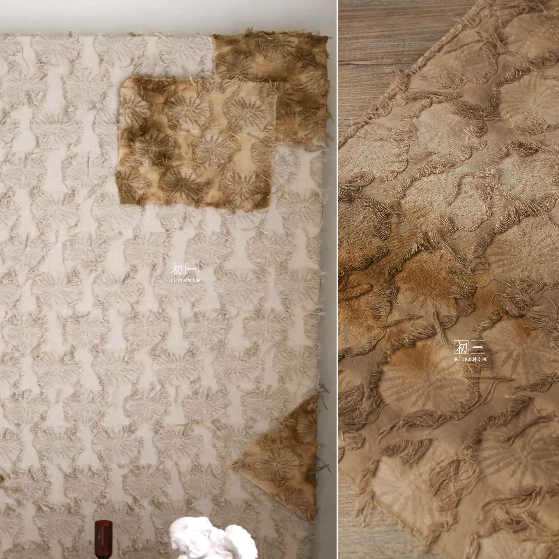 Gelber Batikstoff mit dunklen Blumenmotiven, Fransen, aus Baumwolle und Leinen, handgefertigt, mit Blumenmuster, der vom Wind bewegt und mit einer alten Textur gewaschen wurde. – Detail 2