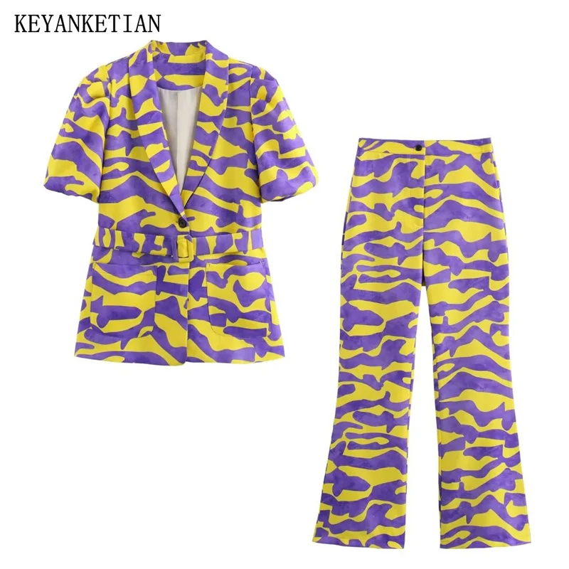 

KEYANKETIAN New Yellow-Purple Moire Print With Belt Pockets Suit Zipper High-waisted Bell Bottoms Women's Retro Two Pieces Sets