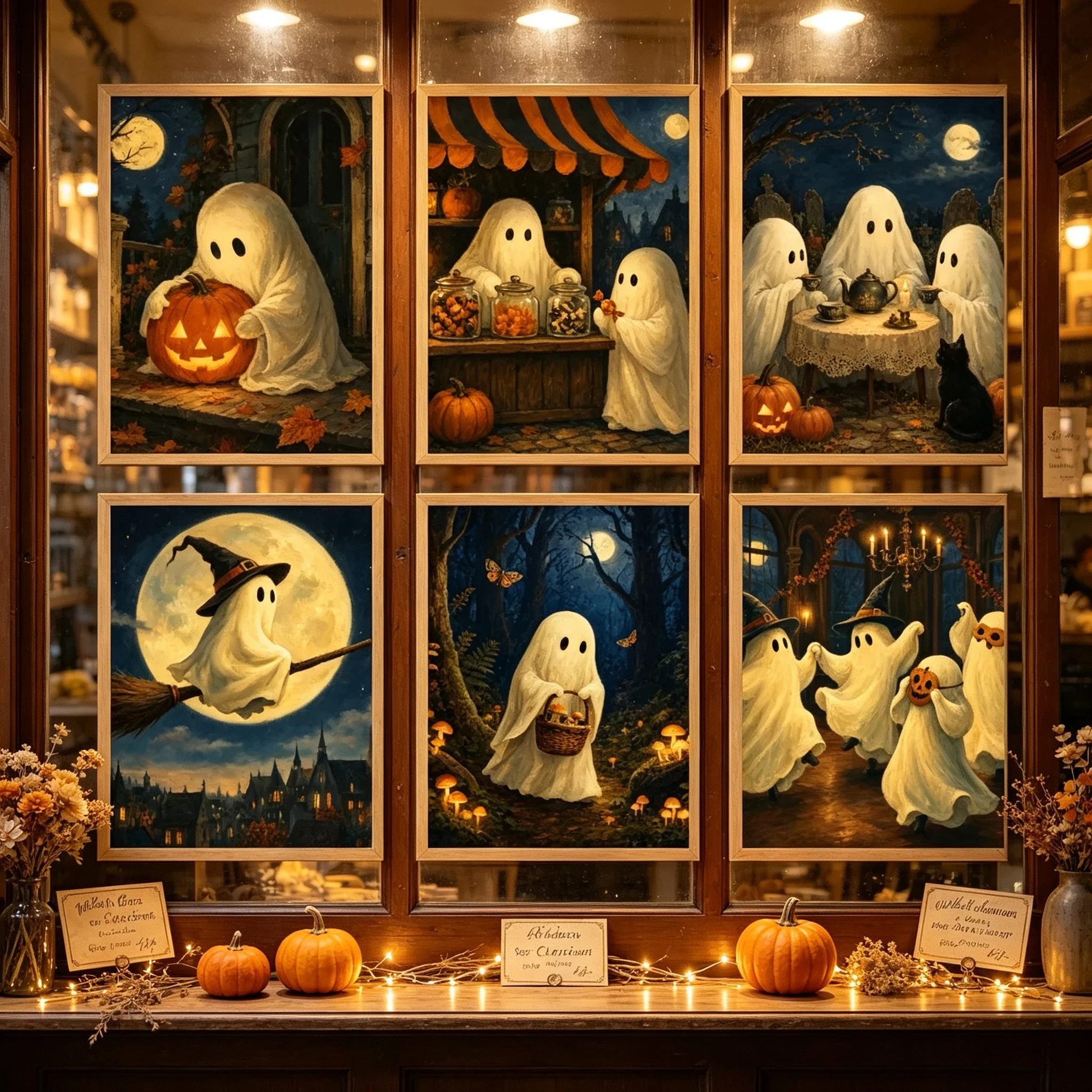 Vintage Cute Ghost Halloween Wall Art Pumpkin Witch Broom Moon Tea Party Canvas Posters Home Living Room Halloween Decor Unframe
