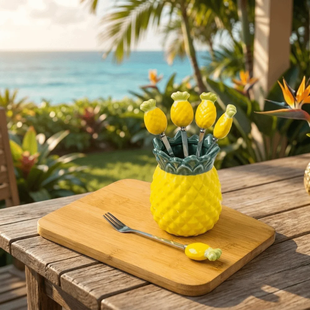 

Creative Pineapple-shaped Ceramic Storage Jar Exquisite Convenient Chopstick Holder Cartoon Fruit Forks Set Home Decoration