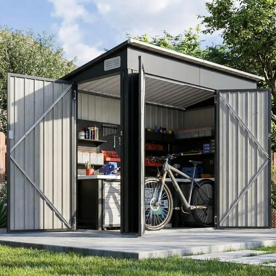 Outdoor storage shed for mower, bike, generator, garden tools: 8'x4' triple-door lean-to, weatherproof galvanized steel, black,