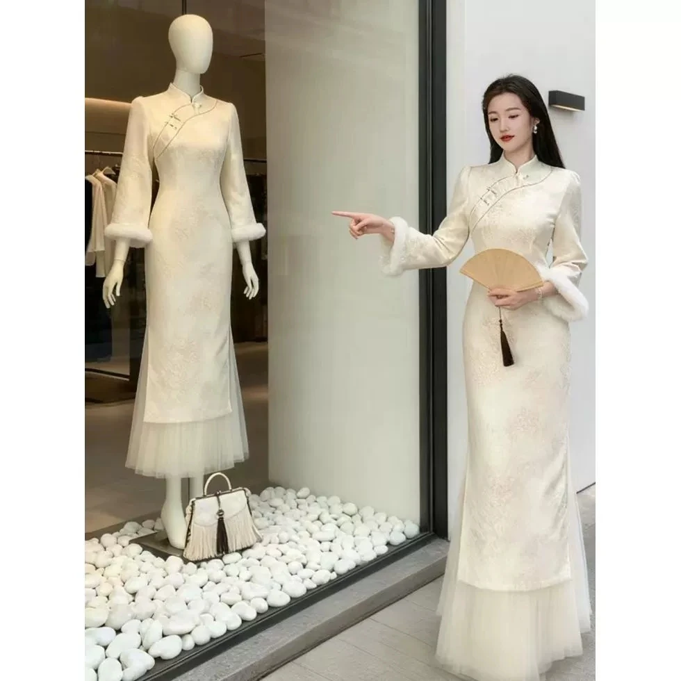 

2026 женский винтажный комбинезон Cheongsam с длинными рукавами и вышивкой на талии, длинная юбка