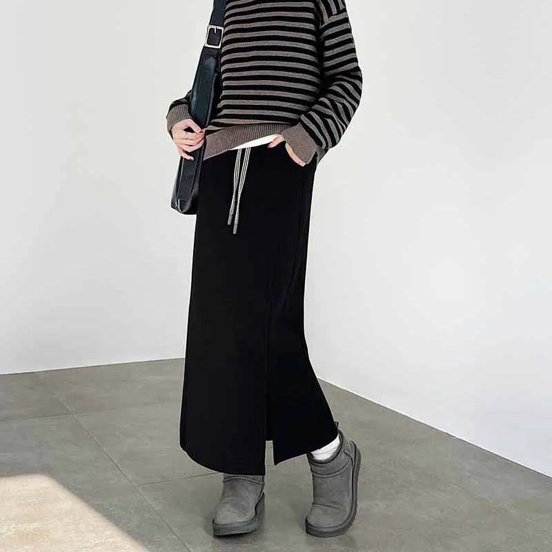 Women's Gray Split Midi Skirts Elasticity Waist Casual Loose Long Skirts Female Autumn Winter Thicken Plus Velvet Straight Skirt
