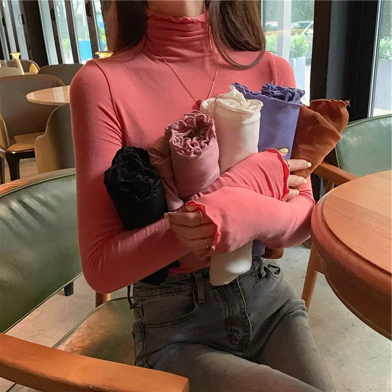 Spring Autumn Turtleneck T-shirt Women All-Match Top Shirt Soft Comfortable Inner Top Casual Long Sleeve T-shirt Office Wear