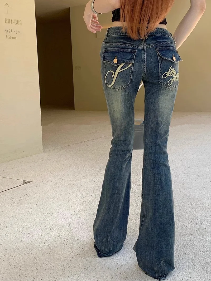 슬림핏 데님 팬츠 여성용 레이디스 빈티지 슬림핏 미세 플레어 자수 플레어 바지 데님 팬츠 청바지 데님 팬츠