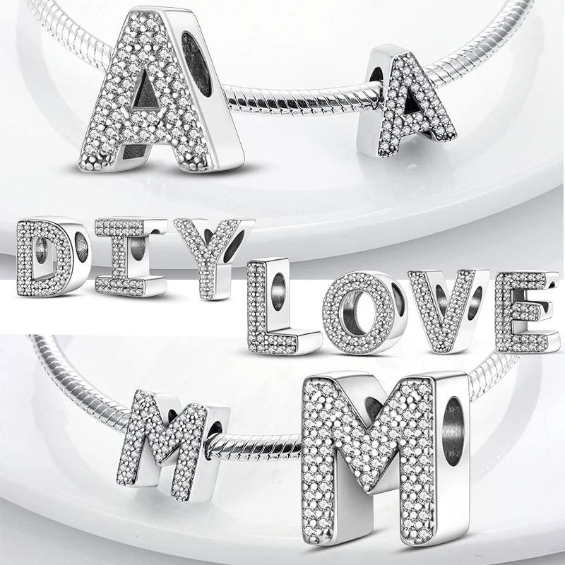 S925 Silver A-Z 26 Letters Charms Beads Full Paved Zircon Large Hole Alphabet Bead for Women DIY Bracelet Jewelry Making Gift