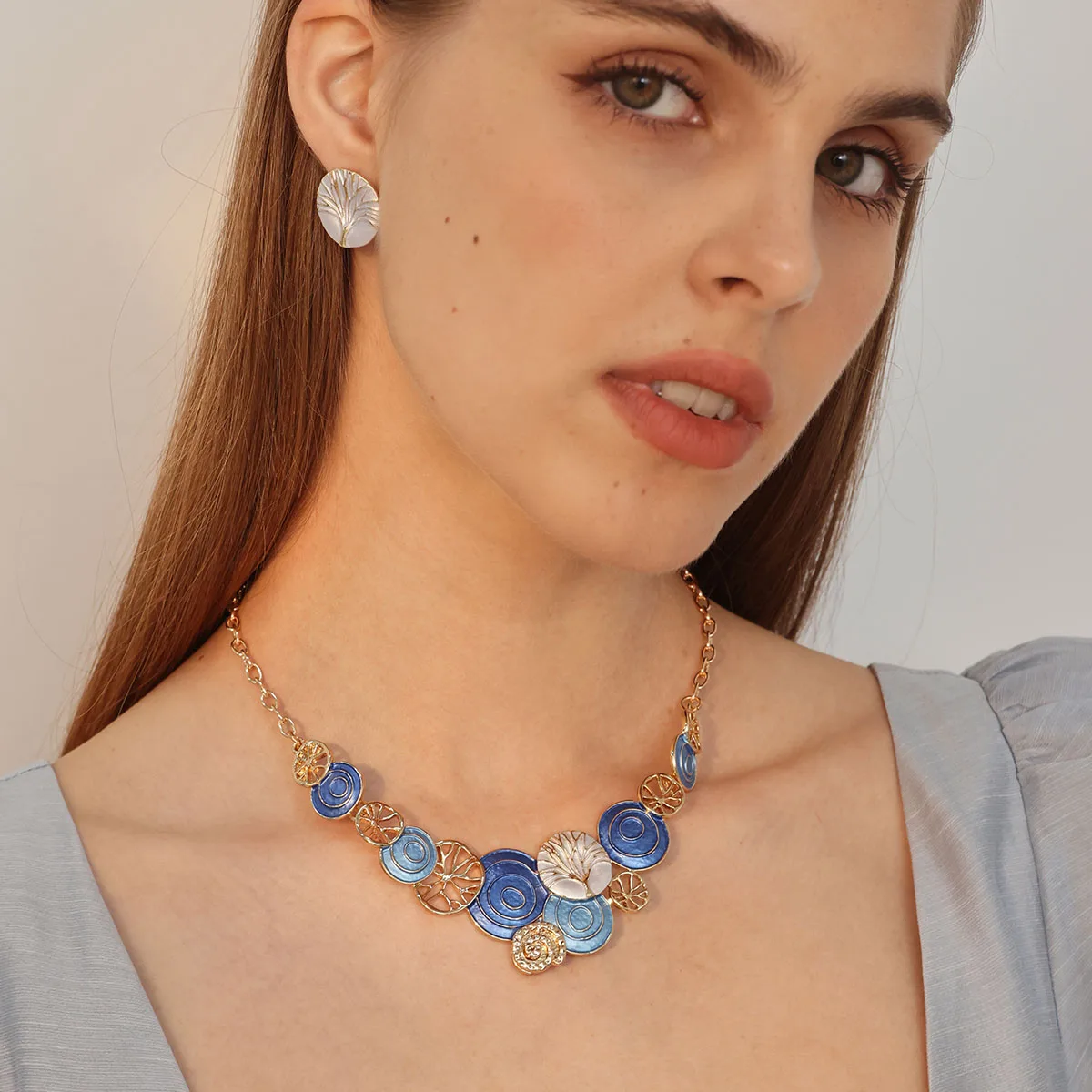 

Blue Enamel Jewelry Set Geometric Circle Tree Of Life Delicate Fashion Design Necklace Earrings Elegant Accessories For Women