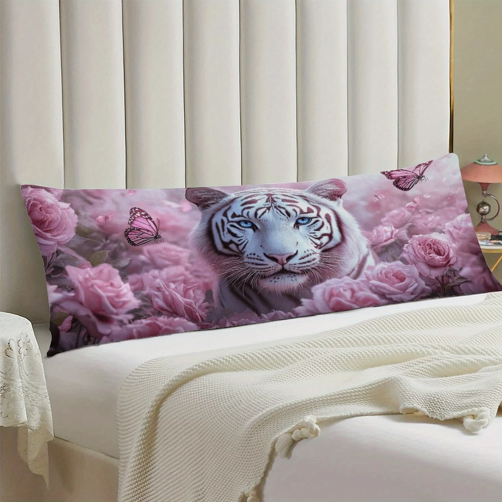Luxurious White Tiger & Pink Roses Body Pillow Case - Extra Long 20x54 Inch (51x137cm) Plush Floral wildlife design with Tiger -