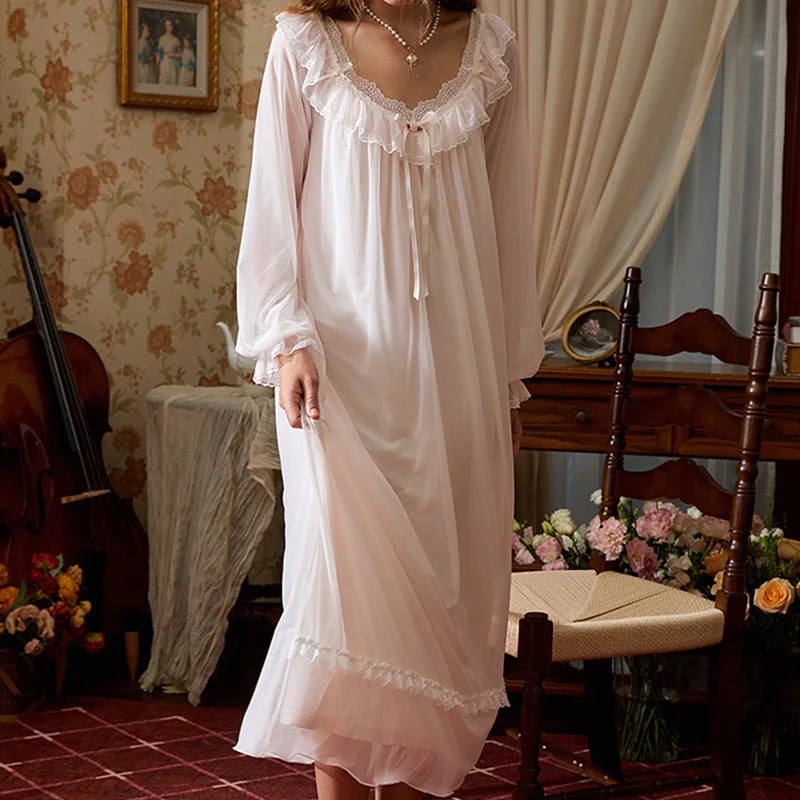 Women French Court Style Spring and Autumn Modal Sleepwear Mesh Long Sleeved Nightgown Lace Rose Exquisite Home Wear