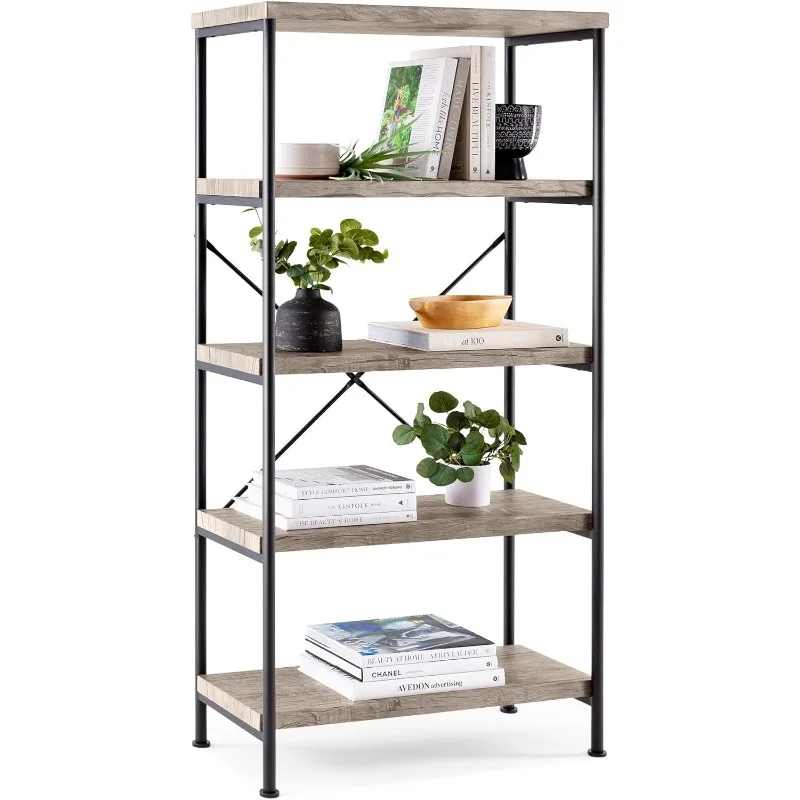 5-Tier Rustic Industrial Bookshelf Display Décor Accent for Living Room, Bedroom, Office w/Metal Frame, Wood Shelves