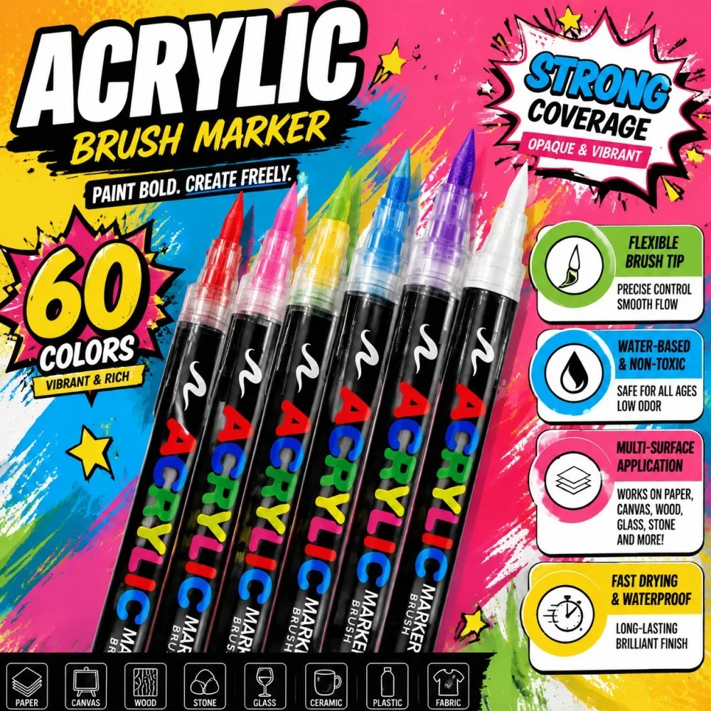 12-72 Farben Acryl-Marker-Set, abwaschbare Marker mit Pinselspitze, Acryl-Malmarker für Stein, Glas, Keramik, Leinwand, Holz – Detail 2