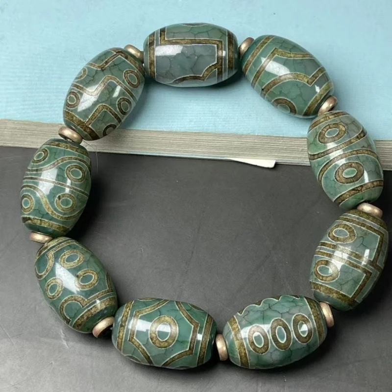 Polished , Nine-Eyed Family Portrait Bracelet, Black and White Multi-Gem Dzi Bead, Unisex Style