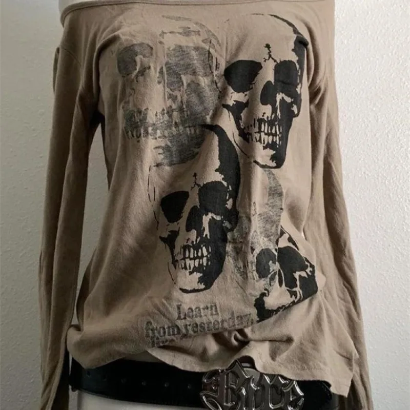 American Skulls Punk Slim T Shirt Women Clothes Vintage 90s Long Sleeves Gothic Sweetwear Hip Hop Tees Crop Tops Aesthetic Y2k