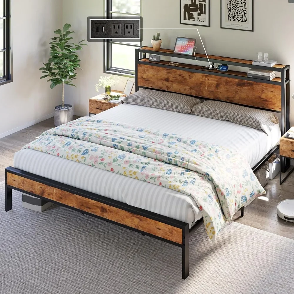 King size bed frame industrial platform bed with charging station, 2 layers of storage headboard / no spring mattress required