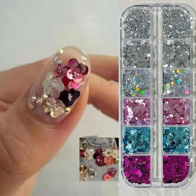 12 Fächer Runde Punkt-Blumen-Nagelkunst-Pailletten mit Glänzendem Glitzer in Verschiedenen Farben für DIY Nagelstudio Maniküre Dekoration – Detail 12