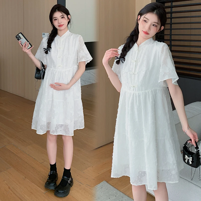 Summer Pregnant Women's Chinese Style Jacquard Dress Half Button Fly Stand Collar Maternity Dobby Dress Sweet White Party Dress