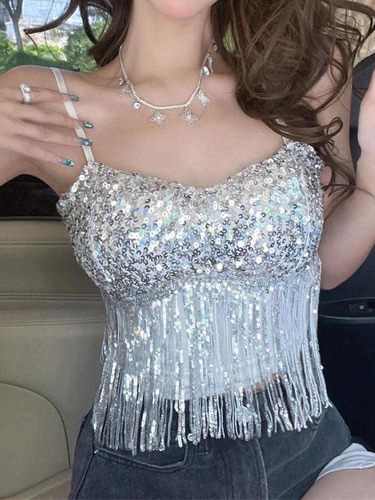 2025, Herbst-Innenraum mit V-Ausschnitt und sexy, glitzerndem Pailletten-Unterhemd-Tanktop, weibliches Internet-Promi-Top, trendige Oberbekleidung