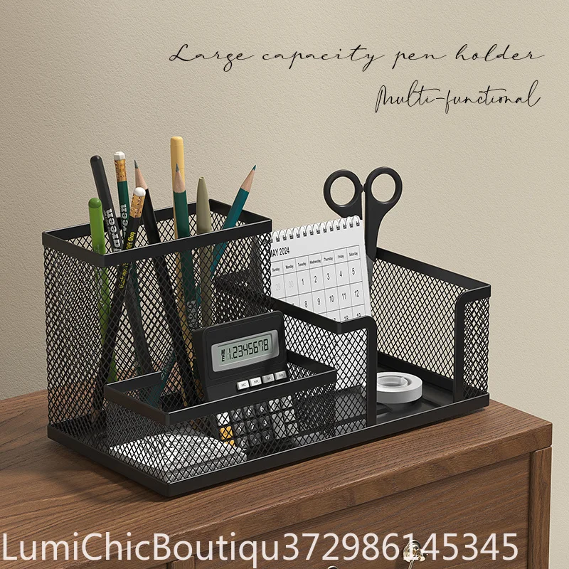 Black Mesh Desk Organizer 3‑Compartments Office Supply Caddy With Pencil Holder Storage Baskets Desktop Accessories Office Workspace Organizer