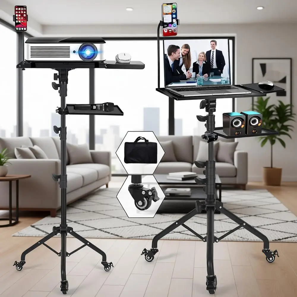 

Adjustable Height Laptop Stand with Wheels and 2 Shelves for Projector and Music Stand Use