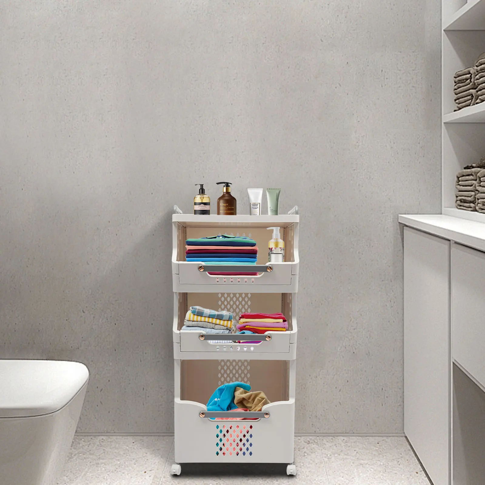 

Серая корзина для грязного белья из полипропилена 41,6*29,7*88,8 см, трехслойная, складная, на колесиках, для сортировки, напольная.