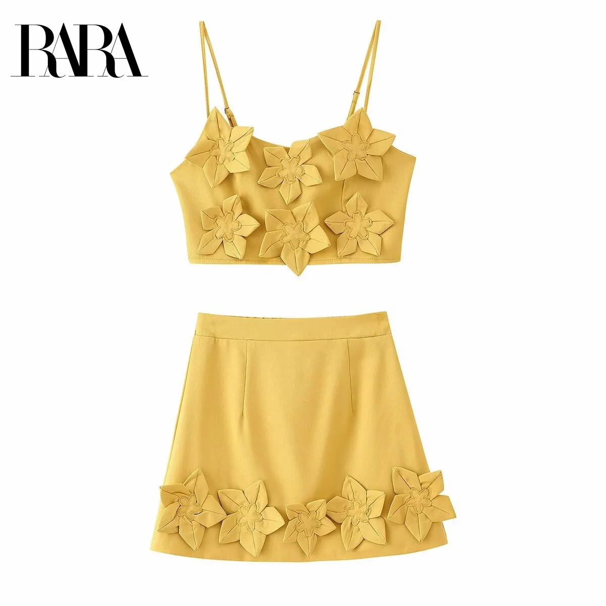 

RARA Women's Summer New 3D Flower Decorated Short Sleeveless Camisole Top and 3D Flower Decorated Mini A Line Skirt