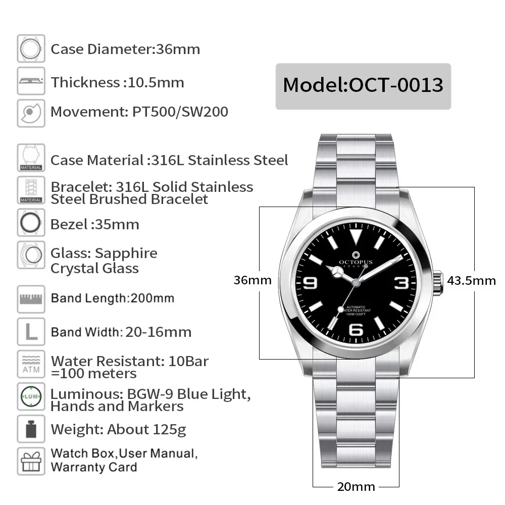 OCTOPUS 自動巻き 腕時計 ブラック OCTOPUS 自動巻き 腕時計 ブラック Octopus Kraken-メンズレトロ