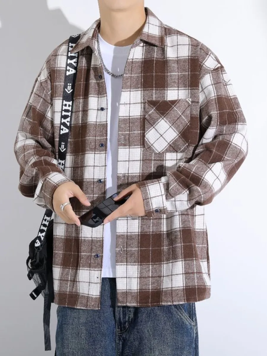 

Retro Plaid Men's Shirt Spring Autumn Casual Loose Thickened Trendy Handsome Match Woolen Coat Hong Kong Style Outerwear