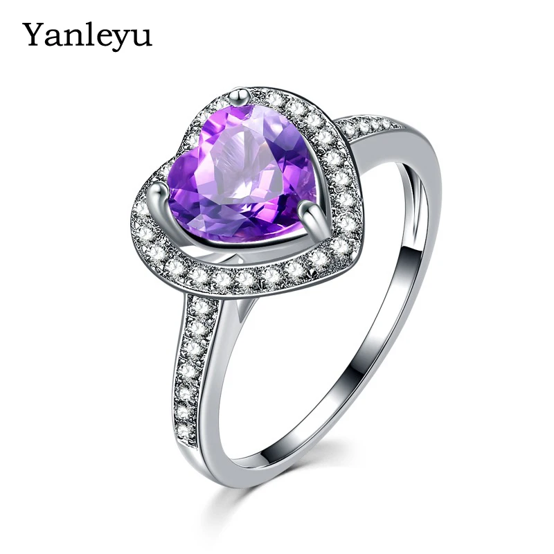 

Yanleyu Romantic Love Heart Wedding Rings for Women Valentine's Day Gift Real Silver Color Purple Cubic Zircon Ring PR098