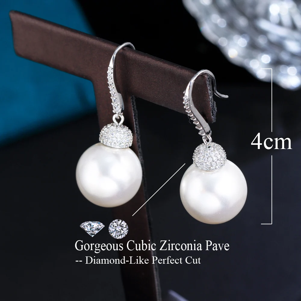 CWWZircons Shiny White Cubic Zirconia Paved Big Dangle Drop Pearl Hook Earrings Female Fashion Party Jewelry Accessories CZ594