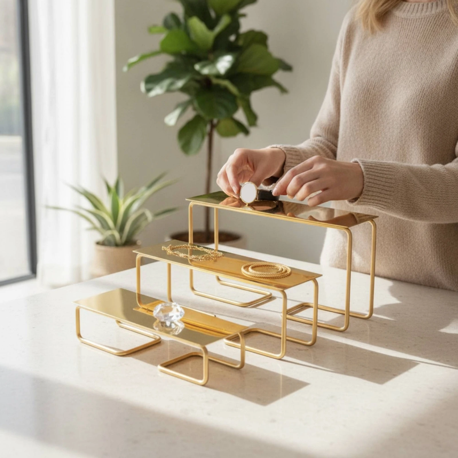 3 Pieces Shoe and Handbag Display Stand Multilayer Stepped Display Rack Minimalist Luxury for Boutiques, Showroom
