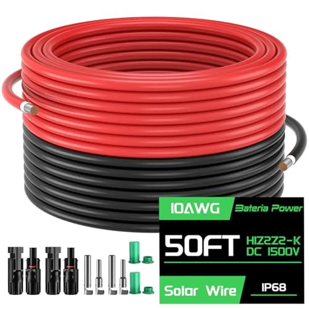 50FT 10AWG Solar Panel Extension Cable with Female & Male Connectors Connector Caps TÜV & UL Certified Tinned Copper Wire