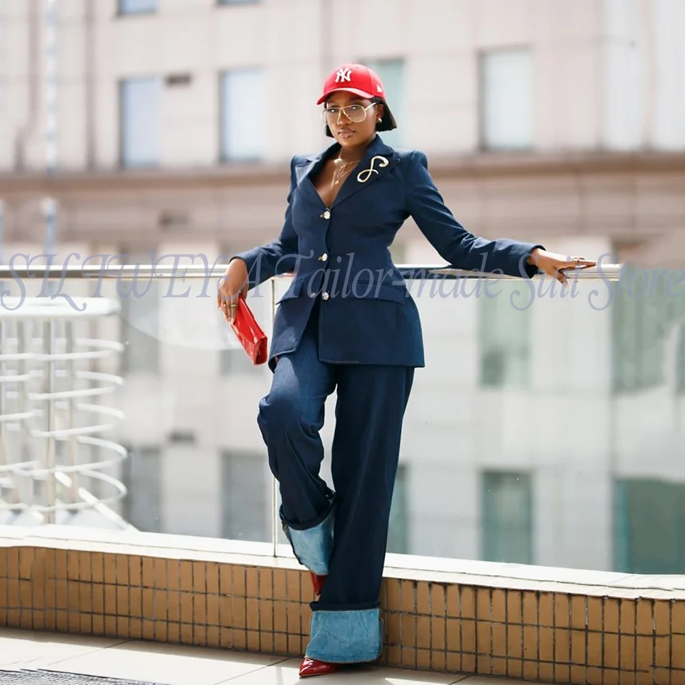 2026 New Style Women's 2 Piece Suit Set Single Breasted Blazer Set Denim Wide Leg Pants Casual Streetwear Formal Office Outfit