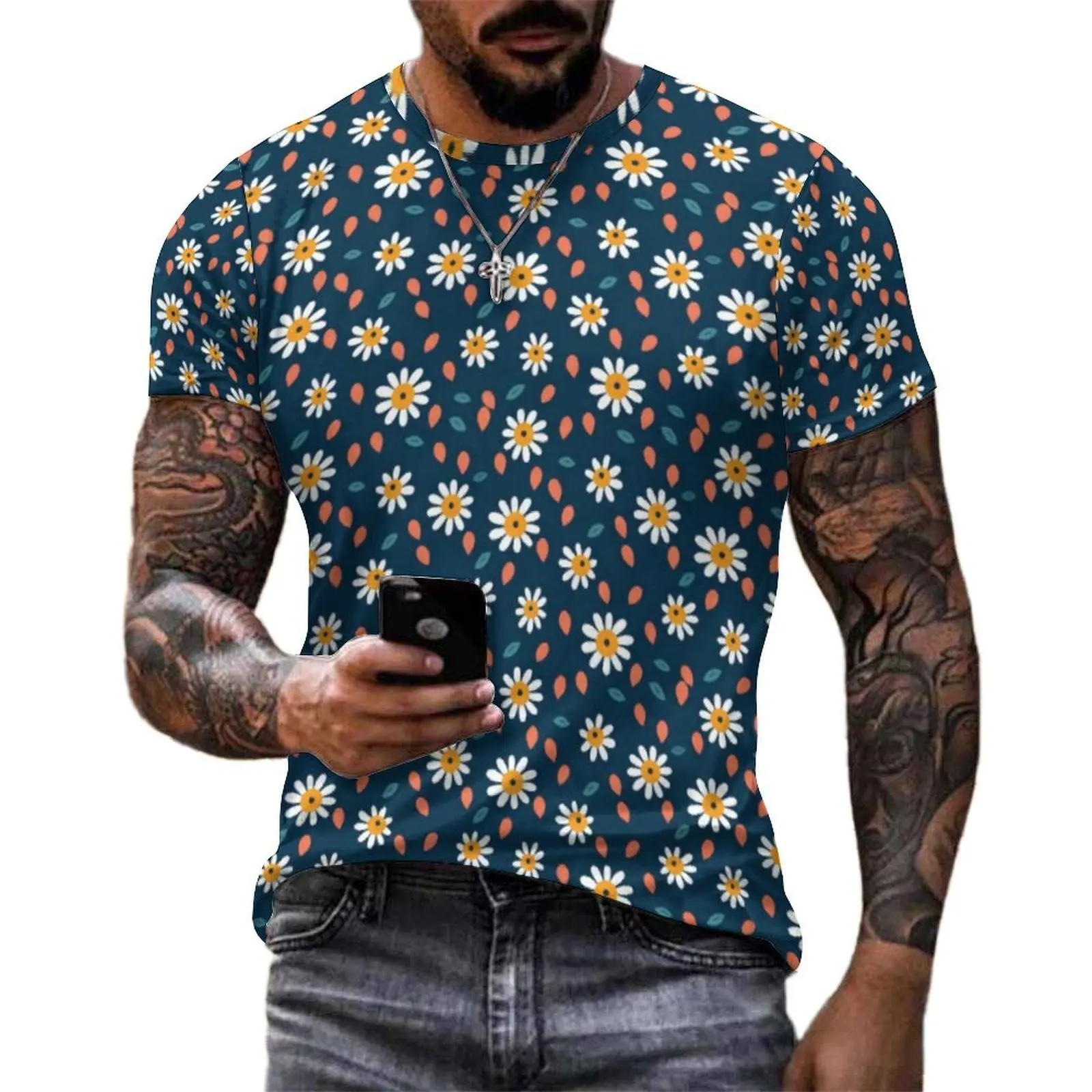 Navy Tiny Daisy Doodle Print T-Shirt Men Design O Neck T-Shirts Summer Harajuku Tops Short Sleeve Classic Oversized Tee Shirt