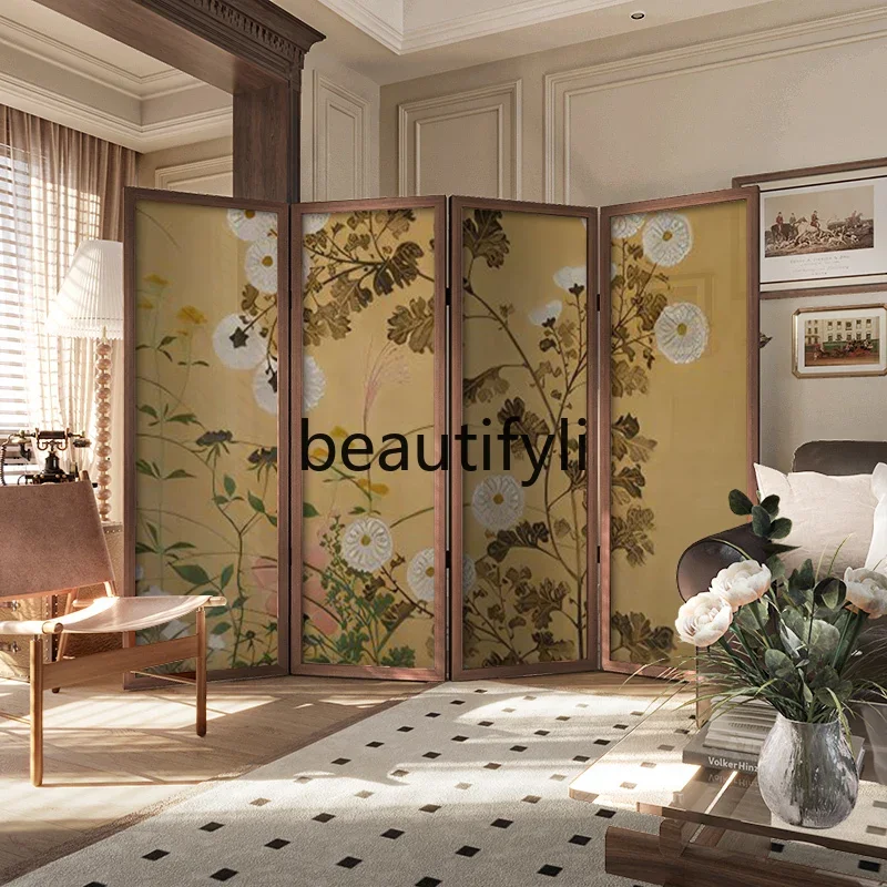

Middle ancient style classical tung chrysanthemum solid wood screen partition living room sofa cover entrance fold screen