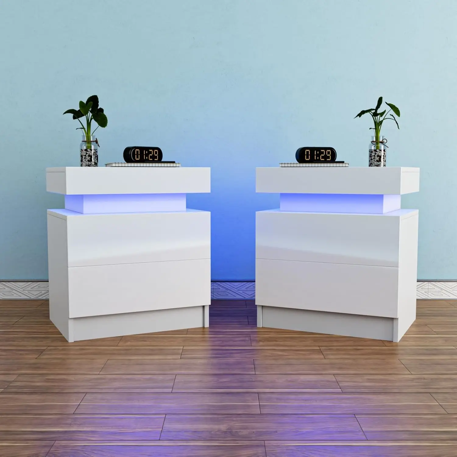 2 LED Nightstands White Led Bedside Table with 2 High Gloss Drawers Modern Nightstand with Led Light Smart Night