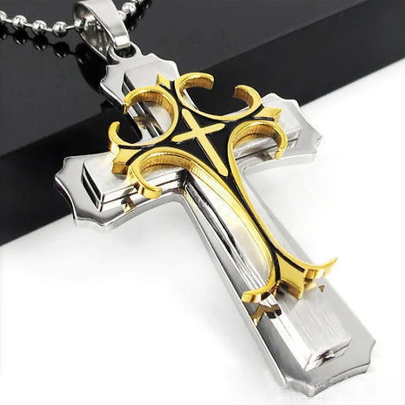 Fashion Creative Two Color Cross Necklace Double Cross Pendant Hip Hop Necklaces for Men Jesus Cross Jewelry Anniversary Gift