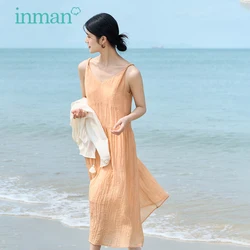 INMAN Women Suspender Dress 2023 Summer Sleeveless V Neck A-shaped Lyocell Thin Texture Fiber Twist Design White Orange Skirt