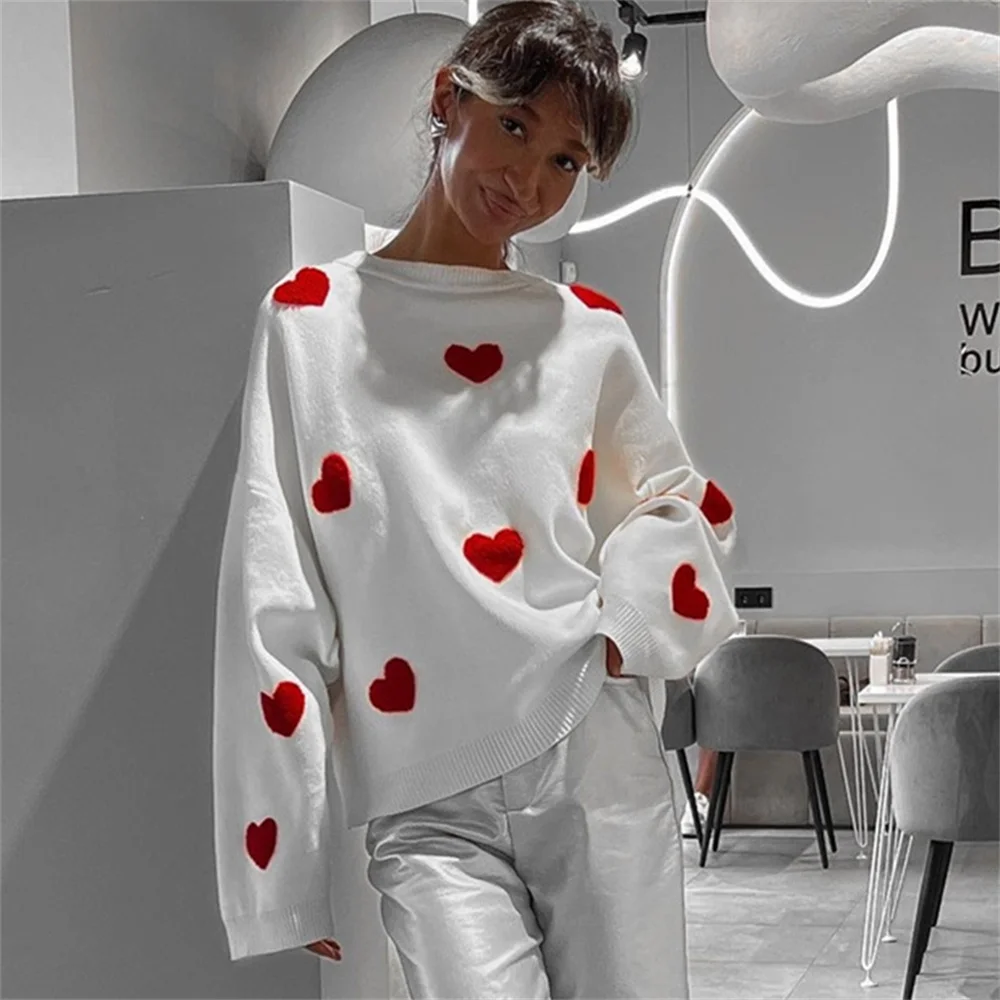 

Women Knitted Heart Embroidery Pullover Autumn Winter White Casual O-Neck Long Sleeve Thick Warm Sweater High Street Jumper